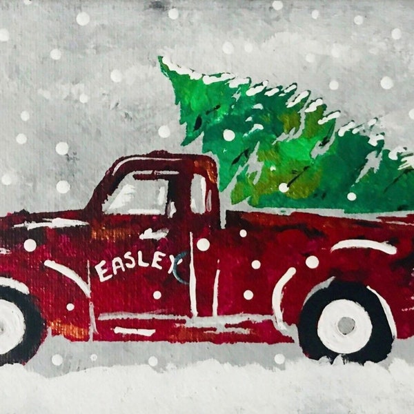 Christmas Painting Red Truck Etsy