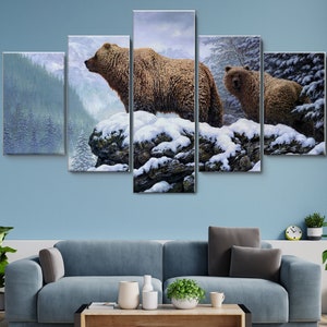 Two Brown Bears on Snow Mountains 5 Piece Canvas Wall Art, Large Framed 5 Pieces Canvas Wall Art, Extra Large Framed 5 Panel Canvas Wall Art