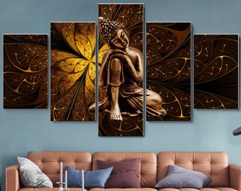 Golden Buddha Buddhism 5 Pieces Canvas Wall Art, Large Framed Canvas ...