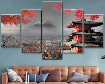 Japońska świątynia w jesieni czarno-biało-czerwona 5-częściowa sztuka ścienna na płótnie, duża oprawiona sztuka ścienna, bardzo duża oprawiona sztuka ścienna, dekoracja ścienna w ramce