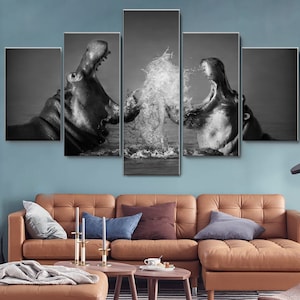 Black and White Hippo Fierce Fight 5 Piece Canvas Wall Art, Large Framed Wall Art, Extra Large Framed Wall Art, Wall Art Framed, Modern Art