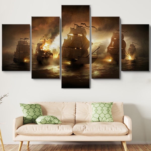 Old Warships Battle Sailing 5 Piece Canvas Wall Art, Large Framed 5 Pieces Canvas Wall Art, Extra Large Framed 5 Panel Canvas Wall Art Decor