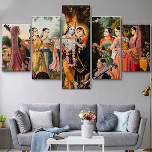 May include: A five-panel canvas print depicting a scene from Hindu mythology. The central panel shows Krishna and Radha, with Krishna playing a flute. The other panels show various female figures in traditional Indian clothing.
