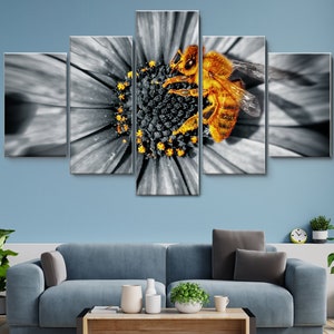 Black and White Yellow Bee on Daisies Flower 5 Piece Canvas Wall Art, Large Framed Wall Art, Extra Large Framed Wall Art, Wall Art Framed