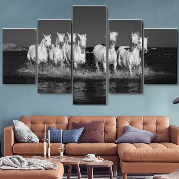 Chevaux blancs de Camargue 5 pièces Toile Art mural, Grand art mural encadré, Extra Large Encadré Art Mural, 5 Panneau Encadré Toile Art Mural Décor