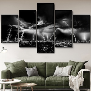 Black and White Nature Lightning Strikes 5 Pieces Canvas Wall Art, Large Framed 5 Piece Canvas Wall Art, Extra Large Framed 5 Piece Wall Art