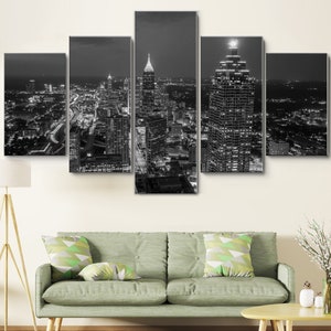 Black and White Skyline of Atlanta, Georgia 5 Piece Canvas Wall Art, Large Framed Wall Art, Extra Large Framed Wall Art, Wall Art Framed