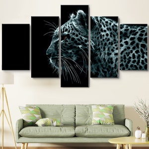 Spot Leopard with Black Background 5 Pieces Canvas Wall Art, Large Framed 5 Pieces Canvas Wall Art, Extra Large Wall Art, 5 Panel Wall Art