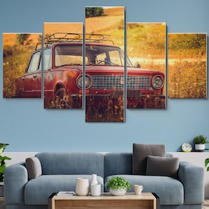 Classic Red Vintage Car in Fields 5 Piece Canvas Wall Art, Large Framed 5 Pieces Canvas Wall Art, Extra Large Framed 5 Panel Canvas Wall Art