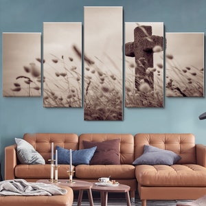 Stone Cross on Saint Nicolas Island 5 Piece Canvas Wall Art, Large Framed 5 Pieces Canvas Wall Art, Extra Large Wall Art, 5 Panel Wall Art