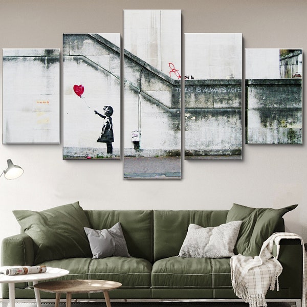 There Is Always Hope - Banksy 5 Piece Canvas Wall Art, Large Framed Wall Art, Extra Large Framed Wall Art, 5 Panel Framed Canvas Wall Art