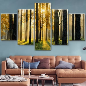 Yellow Tree in Sunshine Foggy Forest 5 Piece Canvas Wall Art, Large Framed Wall Art, Extra Large Framed Wall Art, Wall Art Framed Modern