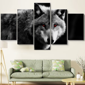 Black and White Red Eye Wolf 5 Pieces Canvas Wall Art, Large Framed Wall Art, Extra Large Framed Wall Art, Wall Art Framed Modern Abstract
