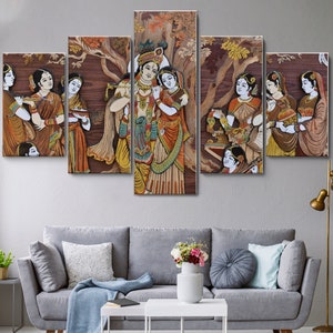 Krishna and Radha on Wood 5 Piece Canvas Wall Art, Large Framed Canvas Wall Art, Extra Large Framed Canvas Wall Art, 5 Panel Framed Wall Art