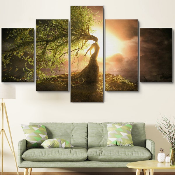 Weeping Willow Tree Woman 5 Piece Canvas Wall Art, Large Framed 5 Piece Canvas Wall Art, Extra Large Framed Wall Art,5 Panel Canvas Wall Art