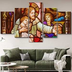 May include: A stained glass window depicting Jesus with three children. The window is divided into five sections, with Jesus in the center and the children on either side. The colors are vibrant and the details are intricate.