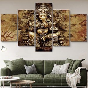 India Ganesha Elephant Hindu God 5 Piece Canvas Wall Art, Large Framed Wall Art, Extra Large Framed Wall Art, 5 Panel Framed Canvas Wall Art