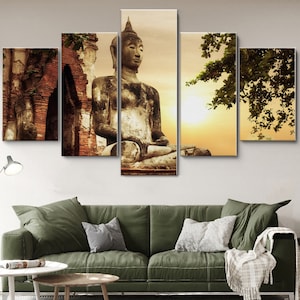 Vintage Buddha Statue 5 Piece Canvas Wall Art, Large Framed 5 Pieces Canvas Wall Art, Extra Large Framed Wall Art, 5 Panel Canvas Wall Art