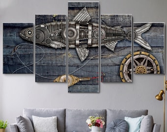 May include: A five-piece canvas print set featuring a stylized, metallic fish with gears and cogs. The fish is depicted on a blue wooden background with a fishing rod and reel.