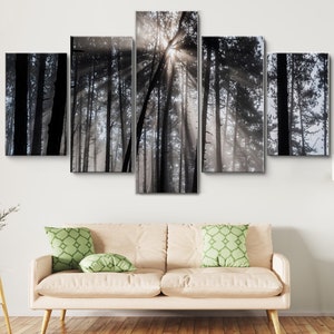 Sunbeams Through Black White Forest 5 Pieces Canvas Wall Art, Large Framed Wall Art, Extra Large Framed Wall Art, 5 Panel Framed Wall Art