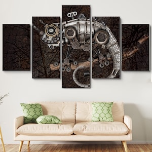 Steampunk Style Lizard Mechanical 5 Piece Canvas Wall Art, Large Framed 5 Pieces Canvas Wall Art, Extra Large Framed 5 Panel Canvas Wall Art