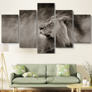 Black & White Lion in the Wind 5 Piece Canvas Wall Art, Large Framed Wall Art, Extra Large Framed Wall Art, Wall Art Framed, Modern Abstract