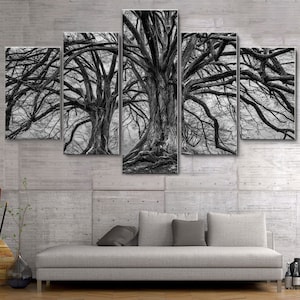 Black and White Winter Oak Tree 5 Pieces Canvas Wall Art, Large Framed Wall Art, Extra Large Framed Wall Art, Wall Art Framed Modern Decor