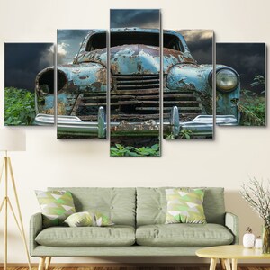 Vintage Rustic Chevy Blue Car 5 Pieces Canvas Wall Art, Large Framed 5 Pieces Canvas Wall Art, Extra Large Framed 5 Panel Canvas Wall Art