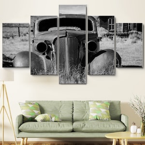 Old Abandoned Car Black and White 5 Piece Canvas Wall Art, Large Framed 5 Pieces Canvas Wall Art, Extra Large Framed 5 Panel Canvas Wall Art