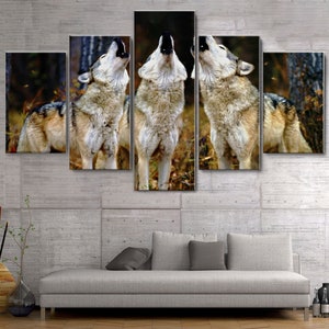 Wölfe Wolfsrudel heulend 5 Stück Leinwand Wandkunst, Große Gerahmte Wandkunst, Extra Große Gerahmte Wandkunst, 5 Panel Gerahmte Leinwand Wandkunst Dekor