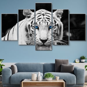 Blue Eyed White Tiger 5 Pieces Canvas Wall Art, Large Framed Canvas Wall Art, Extra Large Framed Canvas Wall Art, 5 Panel Canvas Wall Art