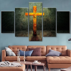 Golden Cross Shape Grunge 5 Piece Canvas Wall Art, Large Framed Canvas Wall Art, Extra Large Framed Canvas Wall Art, 5 Panel Canvas Wall Art
