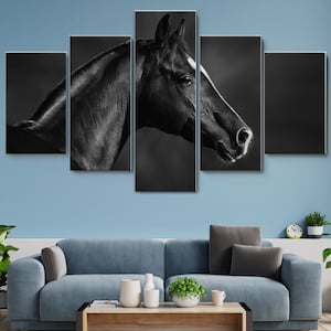 Black and White Arabian Horse 5 Piece Canvas Wall Art, Large Framed Wall Art, Extra Large Framed Wall Art, Wall Art Framed, Modern Abstract