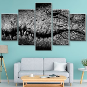 Black and White African Crocodile 5 Piece Canvas Wall Art, Large Framed Wall Art, Extra Large Framed Wall Art, Wall Art Framed, Modern Art