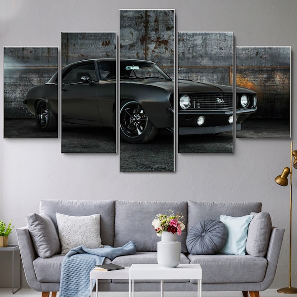 Camaro SS 1969 Muscle Car 5 Pieces Canvas Wall Art, Large Framed 5 Pieces Canvas Wall Art, Extra Large Framed 5 Panel Canvas Wall Art Modern