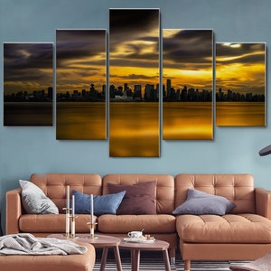 Vancouver BC Skyline British Columbia 5 Stück Leinwand Wandkunst, Große Gerahmte Wandkunst, Extra Große Gerahmte Wandkunst, 5 Panel Gerahmte Wandkunst