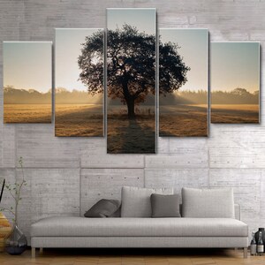 Sunrise Tree in a Pasture 5 Pieces Canvas Wall Art, Large Framed Wall Art, Extra Large Framed Wall Art, 5 Panel Framed Canvas Wall Art Decor