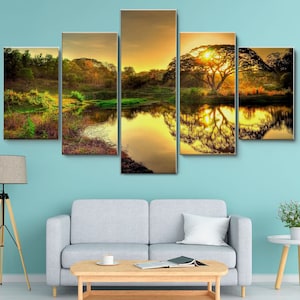 Sunrise Over Watering Hole 5 Pieces Canvas Wall Art, Large Framed Wall Art, Extra Large Framed Wall Art, 5 Panel Framed Canvas Wall Art