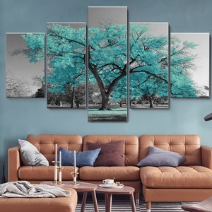 Black and White Teal Green Tree 5 Piece Canvas Wall Art, Large Framed Wall Art, Extra Large Framed Wall Art, Wall Art Framed Modern Abstract