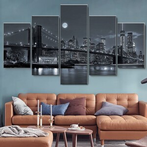 Black White Brooklyn Bridge Full Moon 5 Pieces Canvas Wall Art, Large Framed Wall Art, Extra Large Framed Wall Art, Wall Art Framed Modern