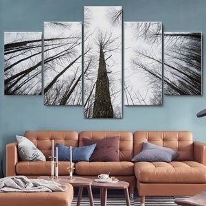 Black and White Winter Trees Forest 5 Piece Canvas Wall Art, Large Framed Wall Art, Extra Large Framed Wall Art, Wall Art Framed Modern