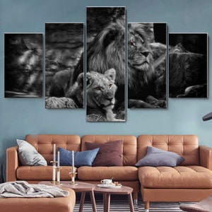 Black and White Lion & Lioness 5 Piece Canvas Wall Art, Large Framed Wall Art, Extra Large Framed Wall Art, Wall Art Framed, Modern Abstract