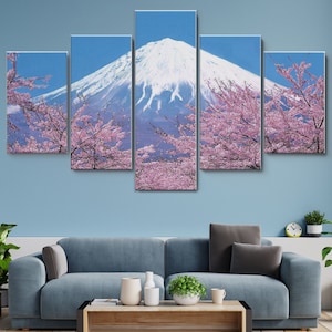 Mt. Fuji Cherry Blossoms Japan 5 Pieces Canvas Wall Art, Large Framed Wall Art, Extra Large Framed Wall Art, 5 Panel Framed Canvas Wall Art