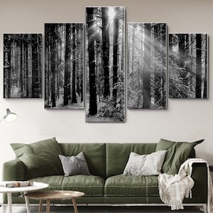 Black and White Forest Sunset 5 Piece Canvas Wall Art, Large Framed Wall Art, Extra Large Framed Wall Art, Wall Art Framed Modern Abstract
