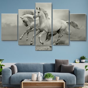 Black and White Horses 5 Piece Canvas Wall Art, Large Framed Wall Art, Extra Large Framed Wall Art, Wall Art Framed Modern, Abstract Prints