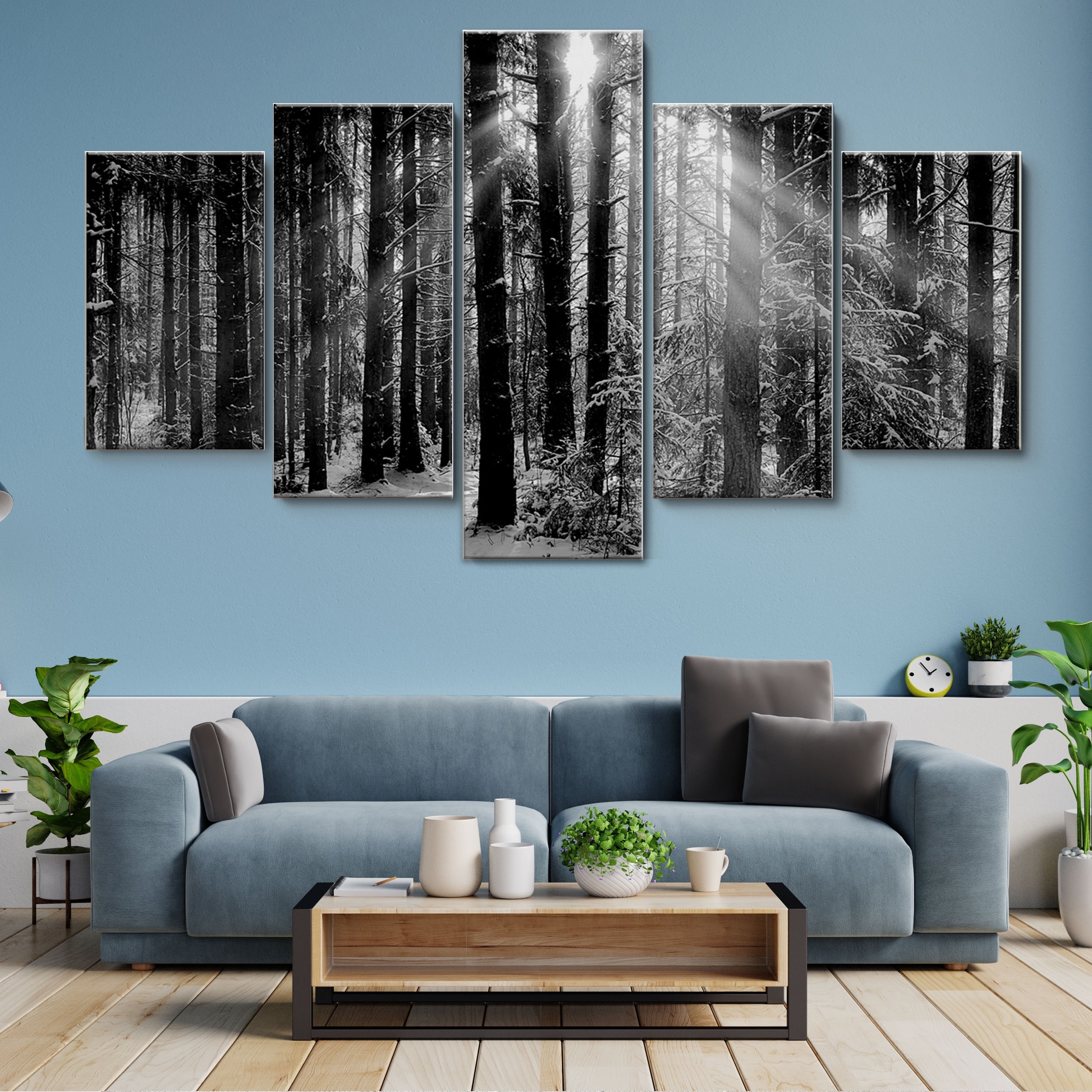 Black and White Forest Sunset 5 Piece Canvas Wall Art, Large Framed ...