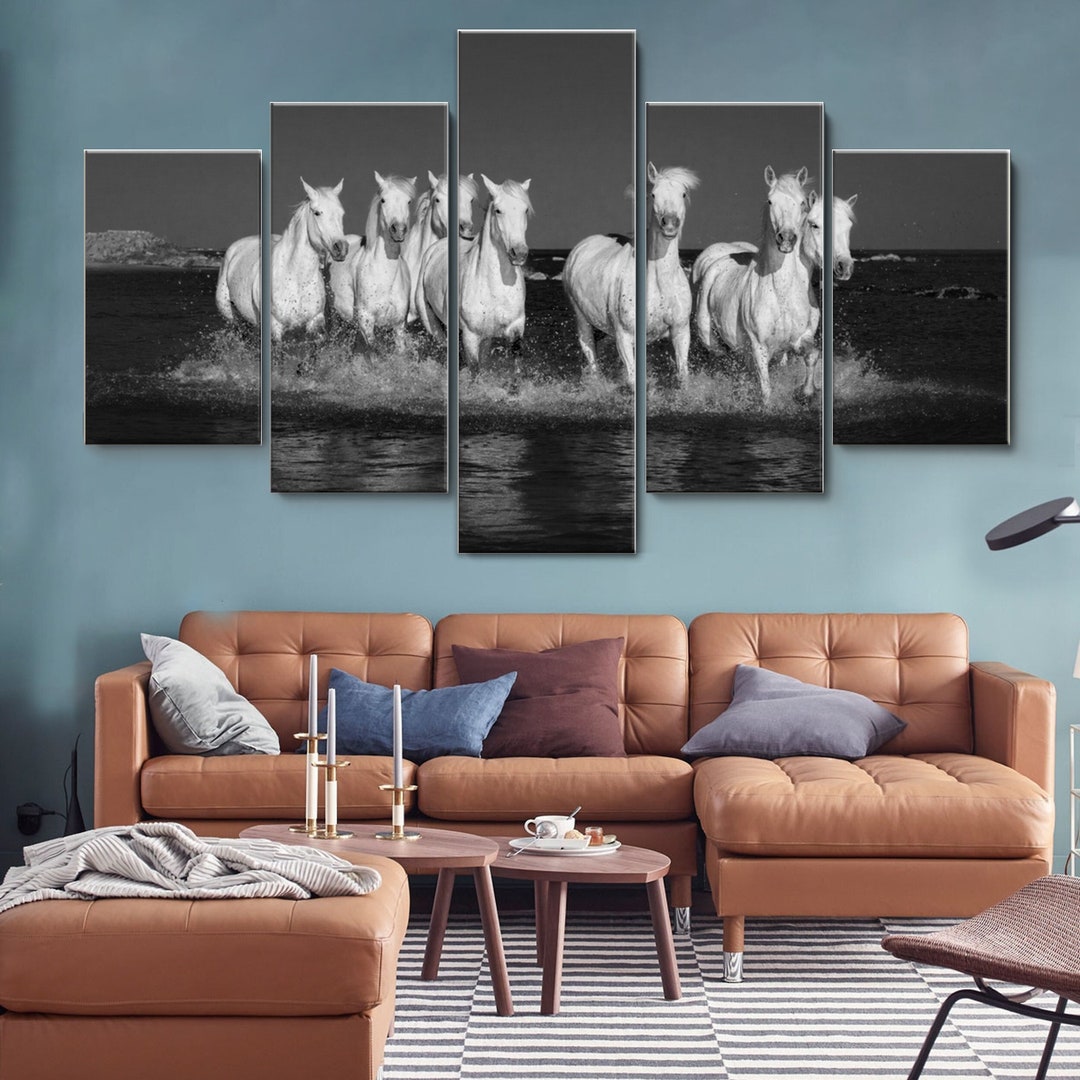 White Camargue Horses 5 Pieces Canvas Wall Art, Large Framed Wall Art ...