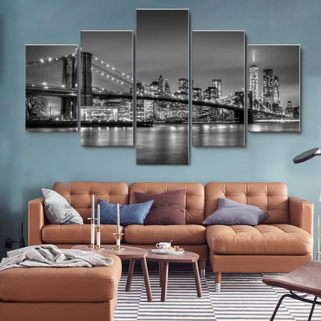Black and White Brooklyn Bridge and New York City in Fog 5 Piece Canvas ...