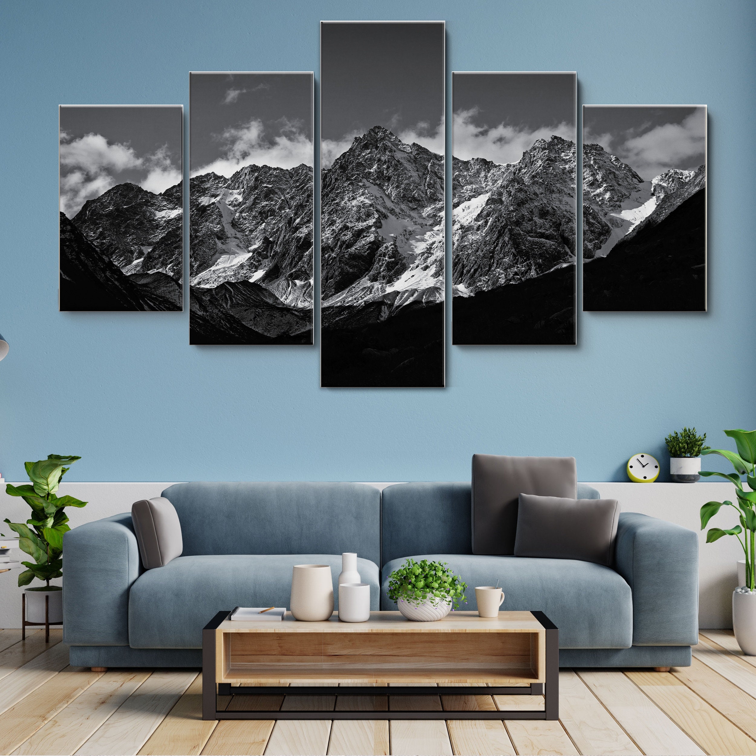 Black and White Landscape Rock Mountain 5 Piece Canvas Wall Art, Large ...