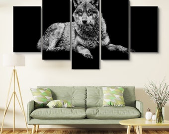 Black and White Wolf 5 Piece Canvas Wall Art, Large Framed Wall